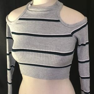Fashion Nova grey cold shoulder striped crop top